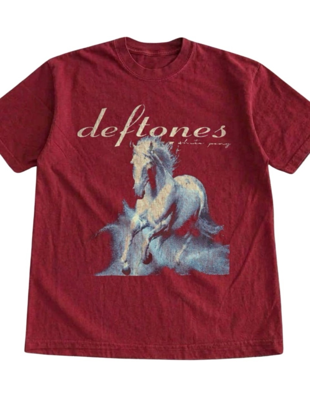 Gildan Red Deftones Graphic Tee with Blue-Cream Horse, Music shirt